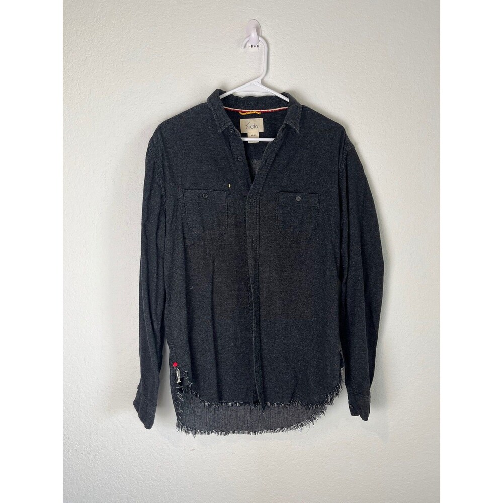 Koto‎ Shirt Mens Medium Black Button Up Frayed Hem Long Sleeve Boho Casual Top